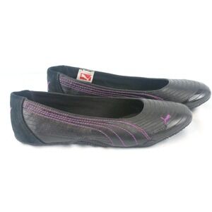 Puma SportLifestyle Womens 8 Black Leather Purple Stitch Ballet Flats Shoes New
